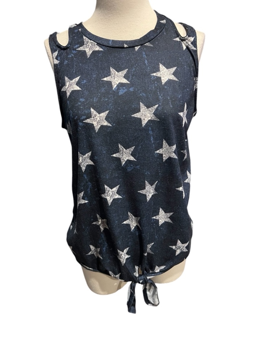 BiBi navy blue star print tank top shoulder cut-out detail and a tie-front hem M